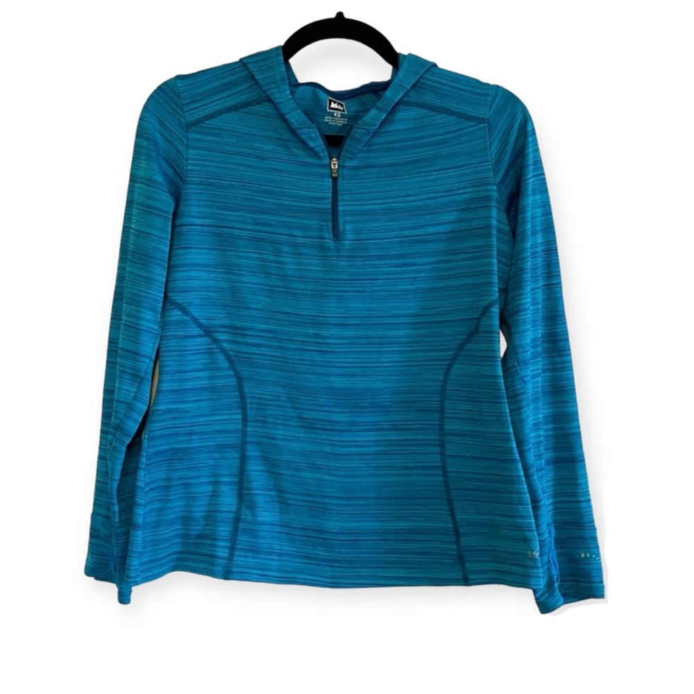 REI Hooded Quarter Zip Long Sleeve Pullover in Turquoise Outdoor Activewear